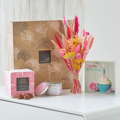 Birthday Dried Flowers, Candle and Caramel Truffles Gift Set